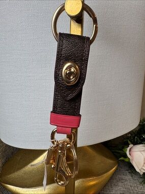 Coach Brown Leather Key Holder with Pink Accent & Gold Hardware